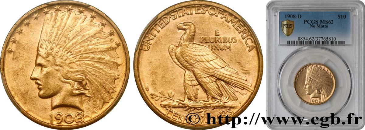 STATI UNITI D AMERICA 10 Dollars  Indian Head , 1e type 1908 Denver SPL62 PCGS
