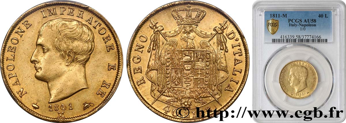 ITALY - KINGDOM OF ITALY - NAPOLEON I 40 Lire 1811 Milan AU58 PCGS