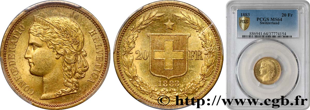 SVIZZERA  20 Francs buste diadémé d Helvetia 1883 Berne MS64 PCGS