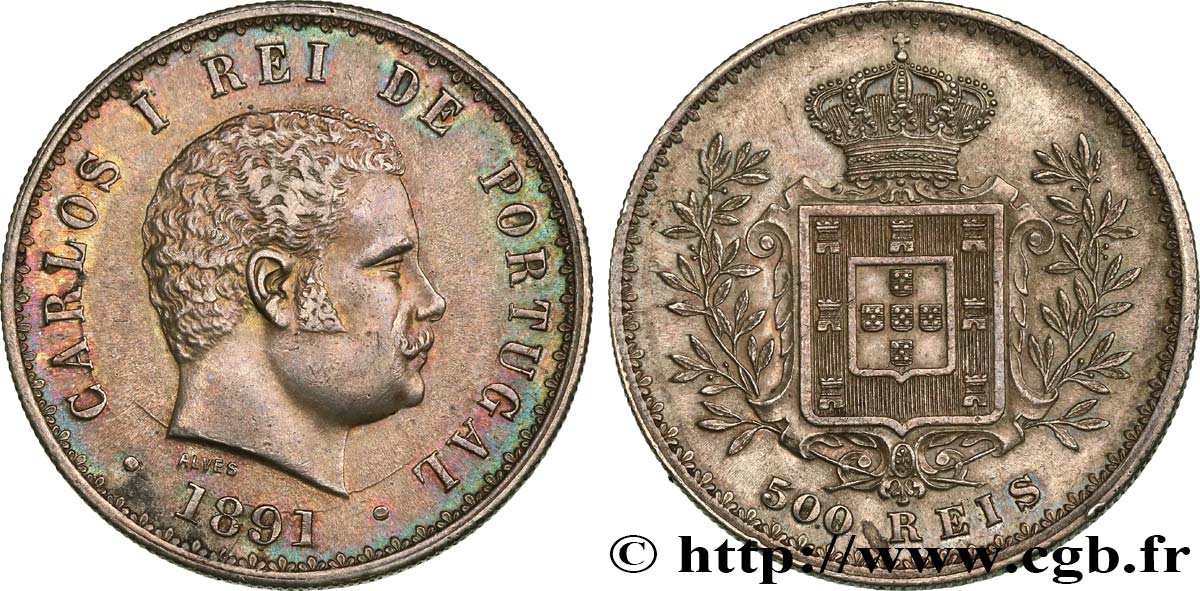 PORTUGAL 500 Reis Charles Ier 1891  MBC+/EBC 
