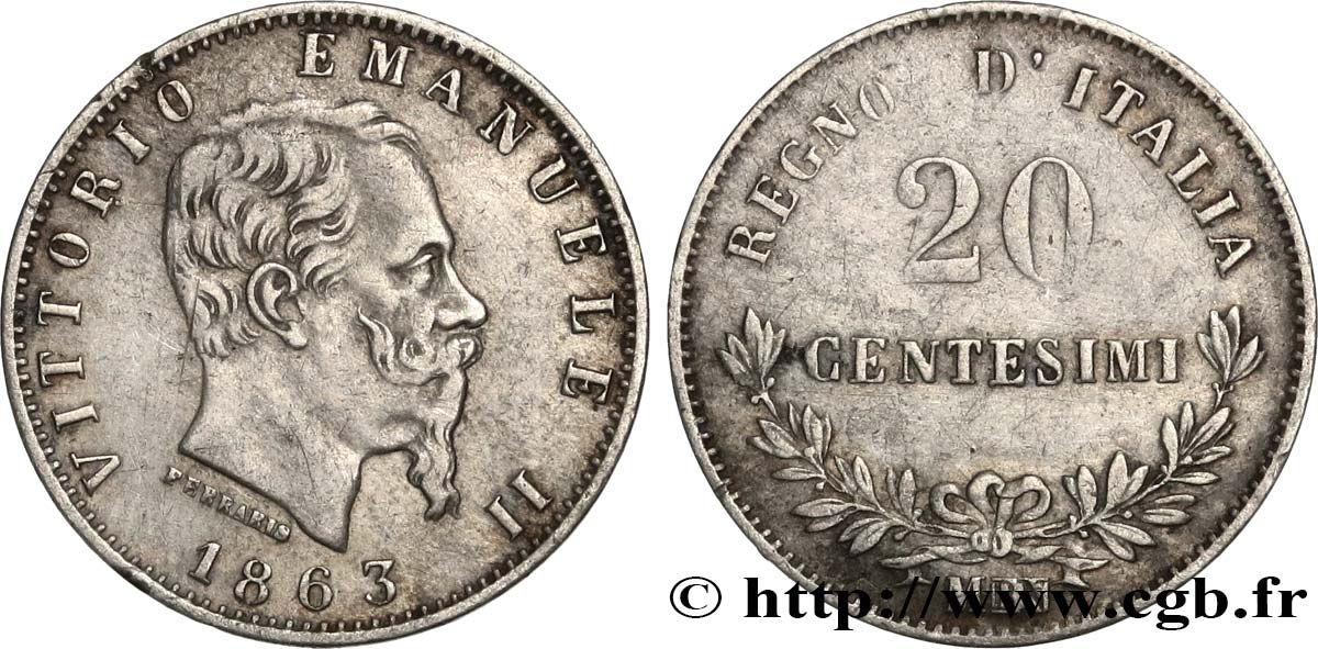 ITALY 20 Centesimi Victor Emmanuel II 1863 Milan XF 