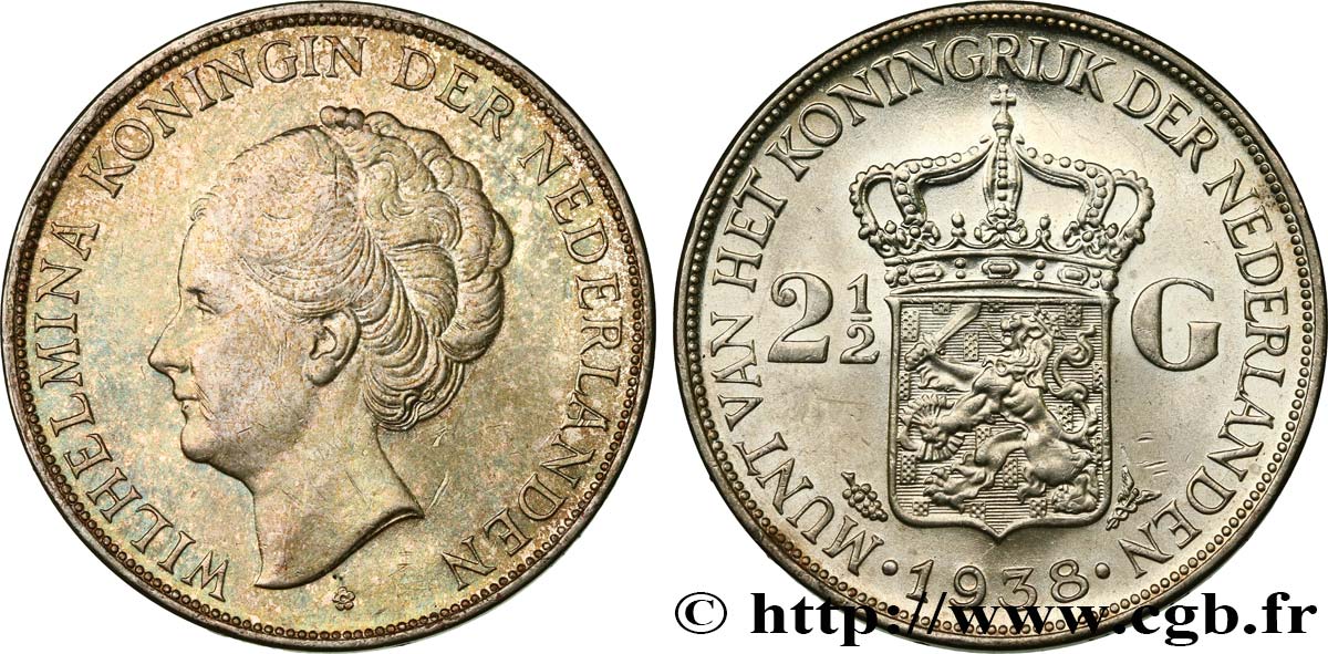 PAYS-BAS 2 1/2 Gulden Wilhelmina 1938 Utrecht SPL 