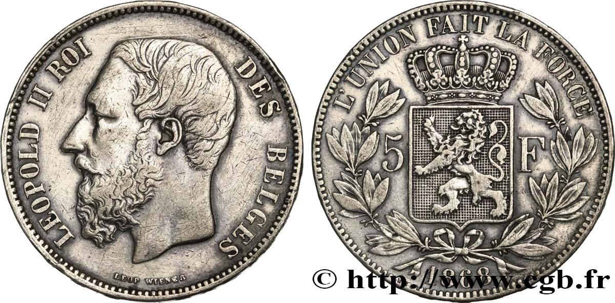 BELGIUM 5 Francs Léopold II 1868  XF 