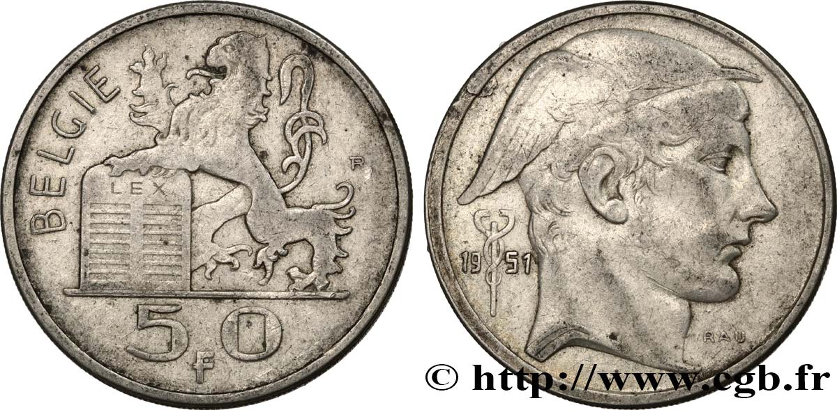 BÉLGICA 50 Francs Mercure, légende flamande 1951  BC+ 