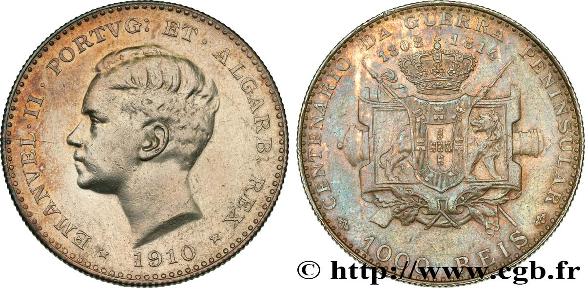 PORTUGAL 1000 Reis Emmanuel II - centenaire de la Guerre péninsulaire 1910  TTB/TTB+ 