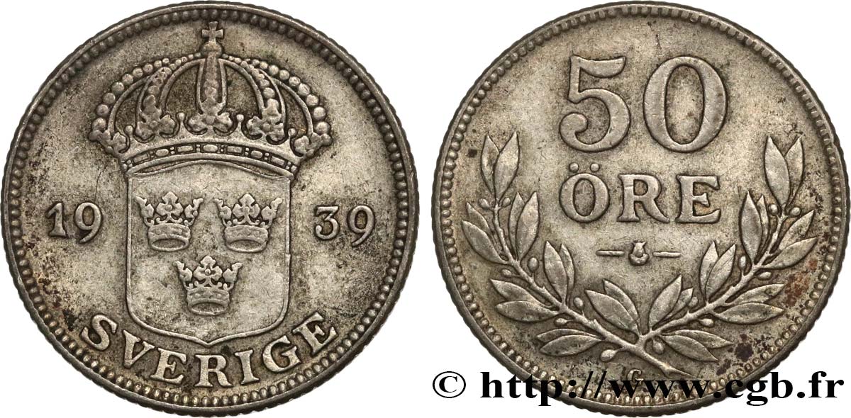 SCHWEDEN 50 Ore écu couronné - Gustave V 1939  SS 