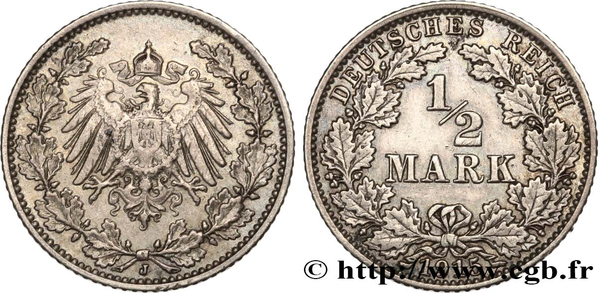 ALEMANIA 1/2 Mark Empire aigle impérial 1915 Hambourg MBC 