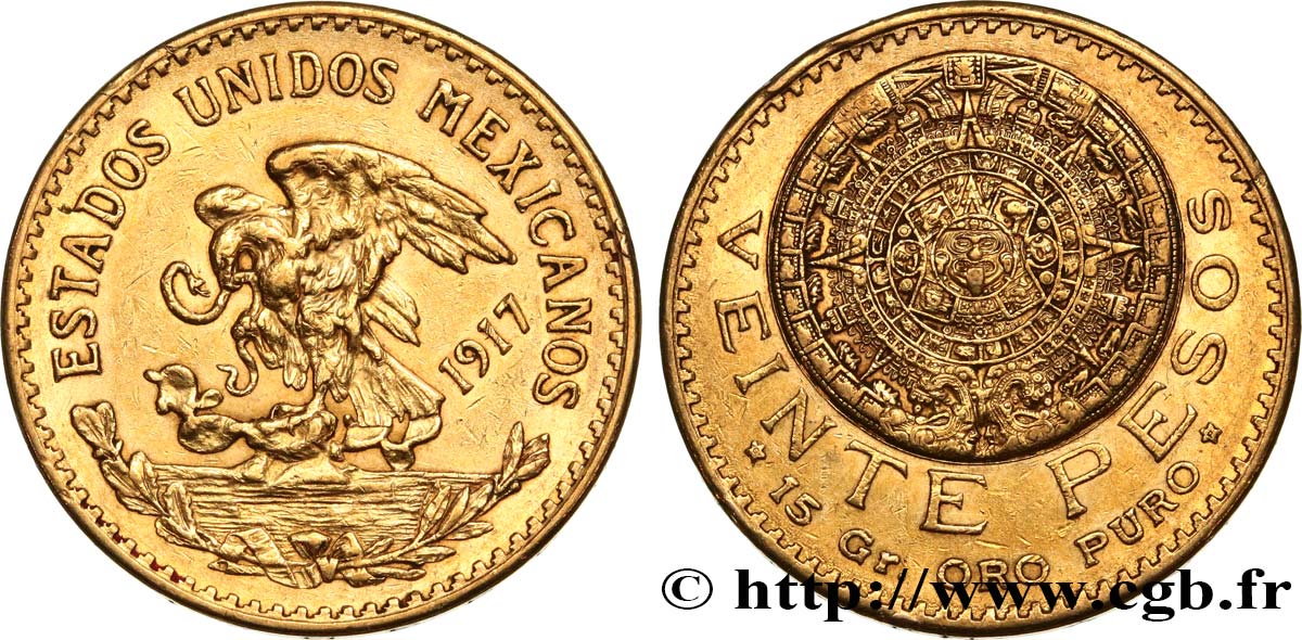 MEXIQUE 20 Pesos “Pierre du Soleil” (calendrier aztèque) 1917 Mexico TTB+ 