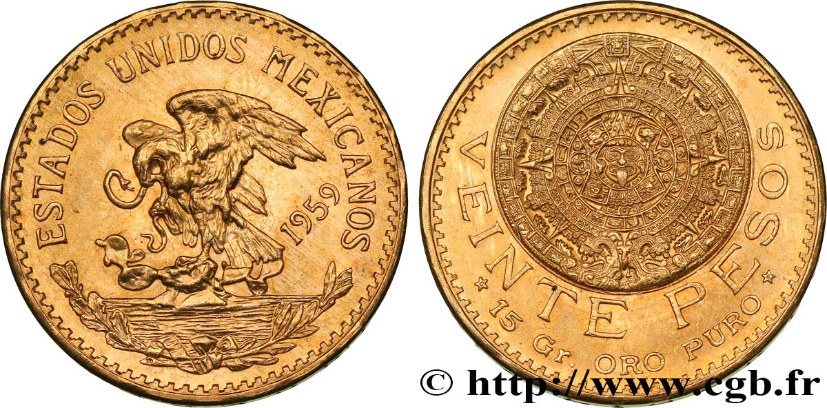 MÉXICO 20 Pesos “Pierre du Soleil” (calendrier aztèque) 1959 Mexico FDC 