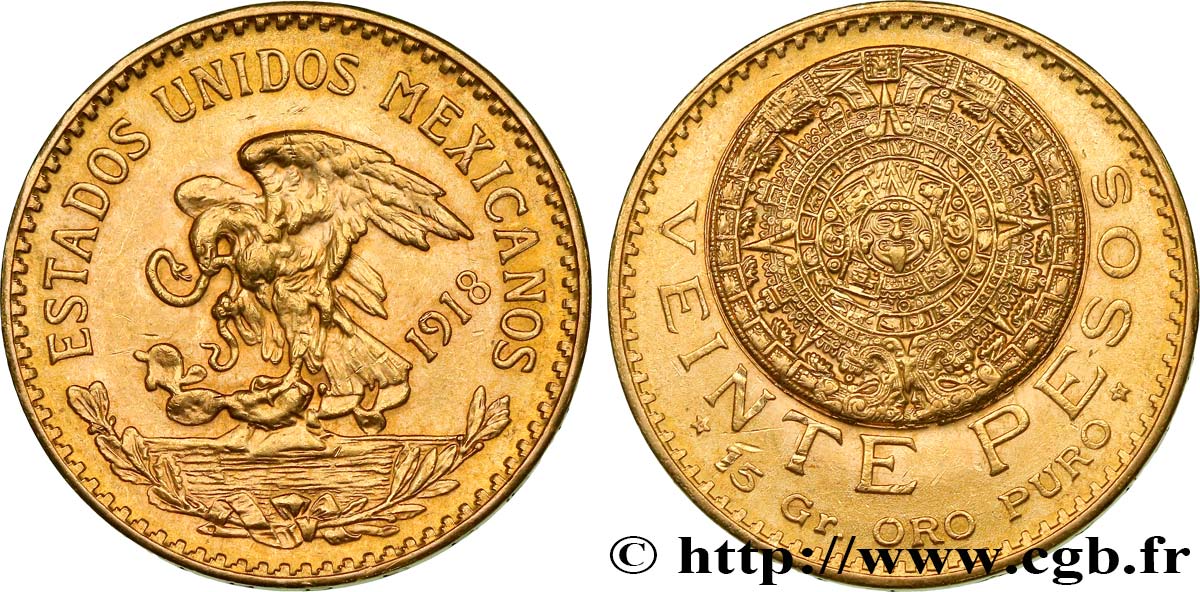 MEXIQUE 20 Pesos “Pierre du Soleil” (calendrier aztèque) 1918 Mexico SPL 