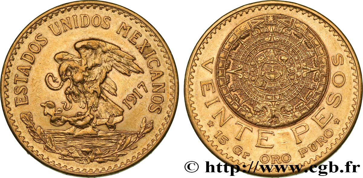 MEXIQUE 20 Pesos “Pierre du Soleil” (calendrier aztèque) 1917 Mexico TTB+/SUP 