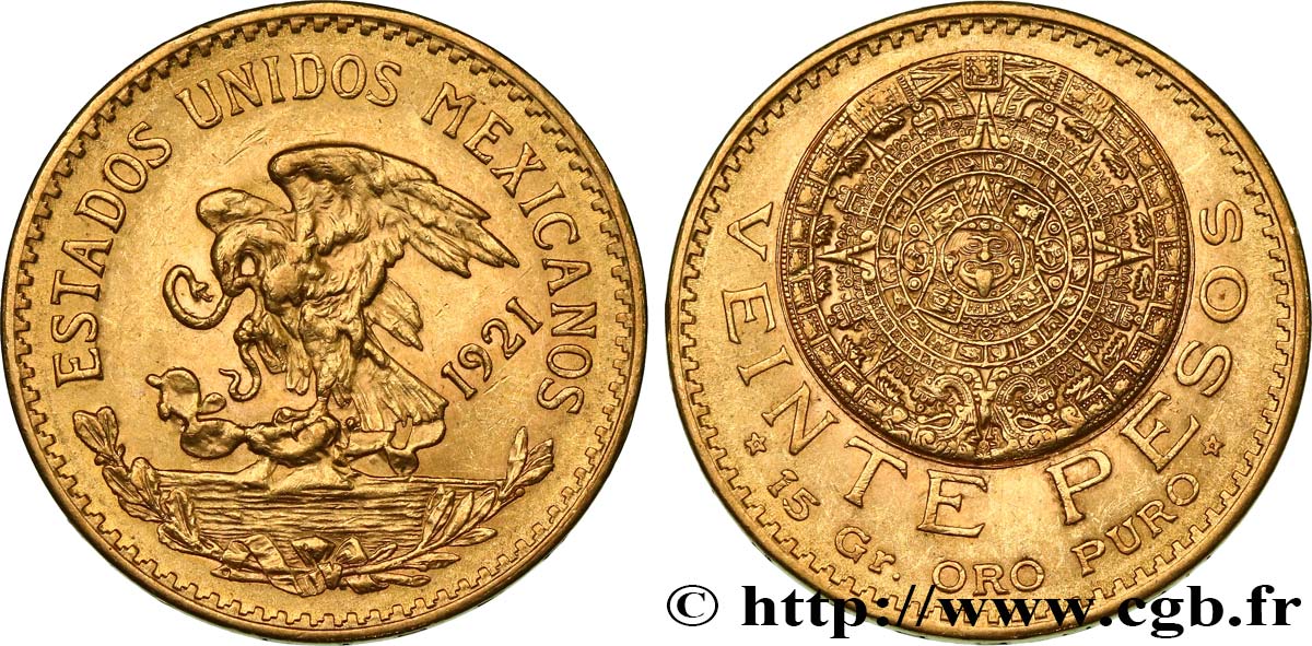 MEXIKO 20 Pesos “Pierre du Soleil” (calendrier aztèque) 1921 Mexico VZ 