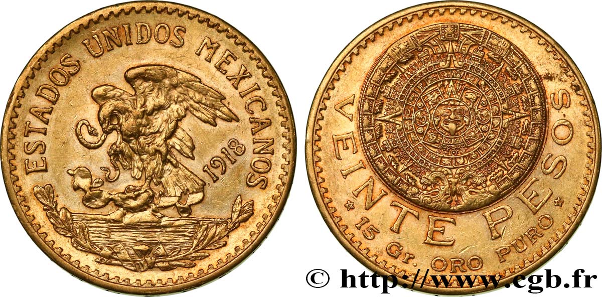 MEXIQUE 20 Pesos “Pierre du Soleil” (calendrier aztèque) 1918 Mexico SUP/TTB+ 