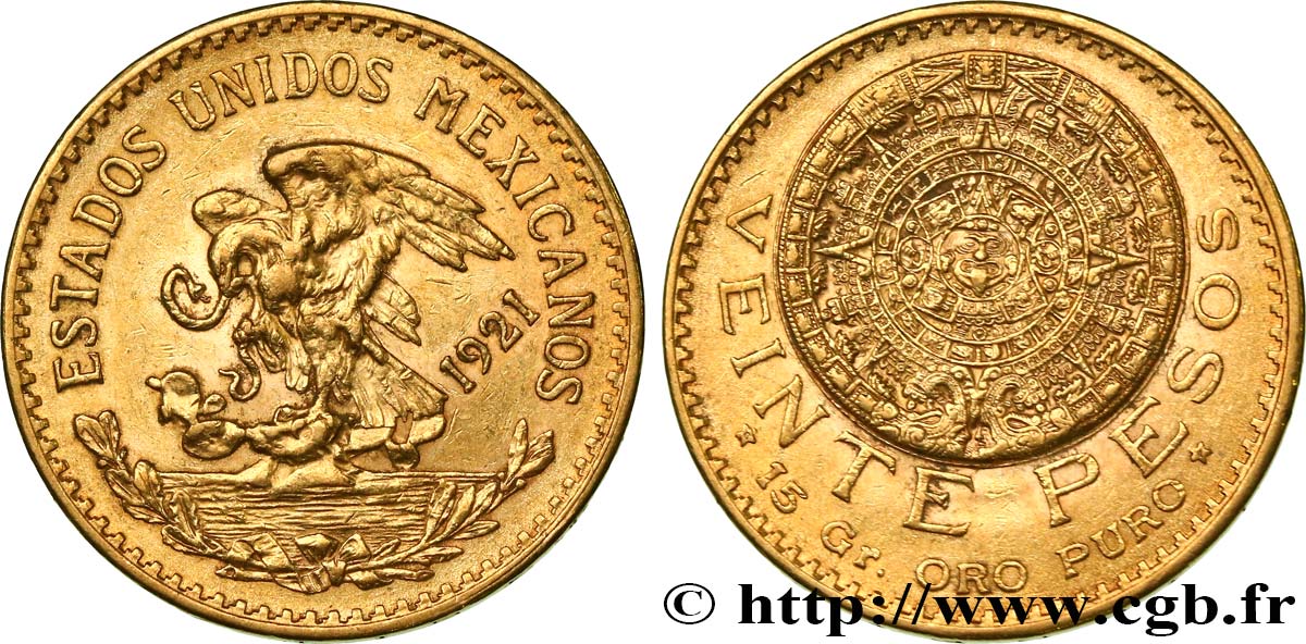 MEXICO 20 Pesos “Pierre du Soleil” (calendrier aztèque) 1921 Mexico AU/AU 