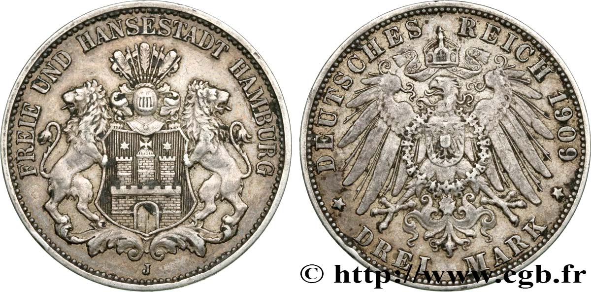 GERMANIA - LIBERA CITTA DE AMBURGO 3 Mark 1909 Hambourg q.SPL 