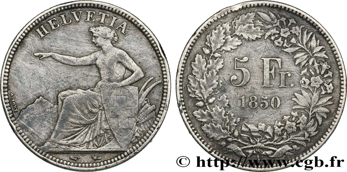 SUISSE - CONFEDERATION 5 Francs 1850 Paris VF 