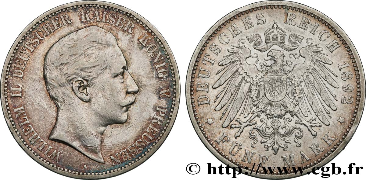 GERMANIA - PRUSSIA 5 Mark Guillaume II 1892 Berlin BB 