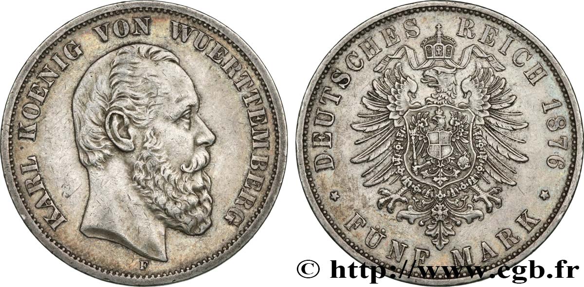 GERMANY - WÜRTTEMBERG 5 Mark Charles 1876 Stuttgart AU 
