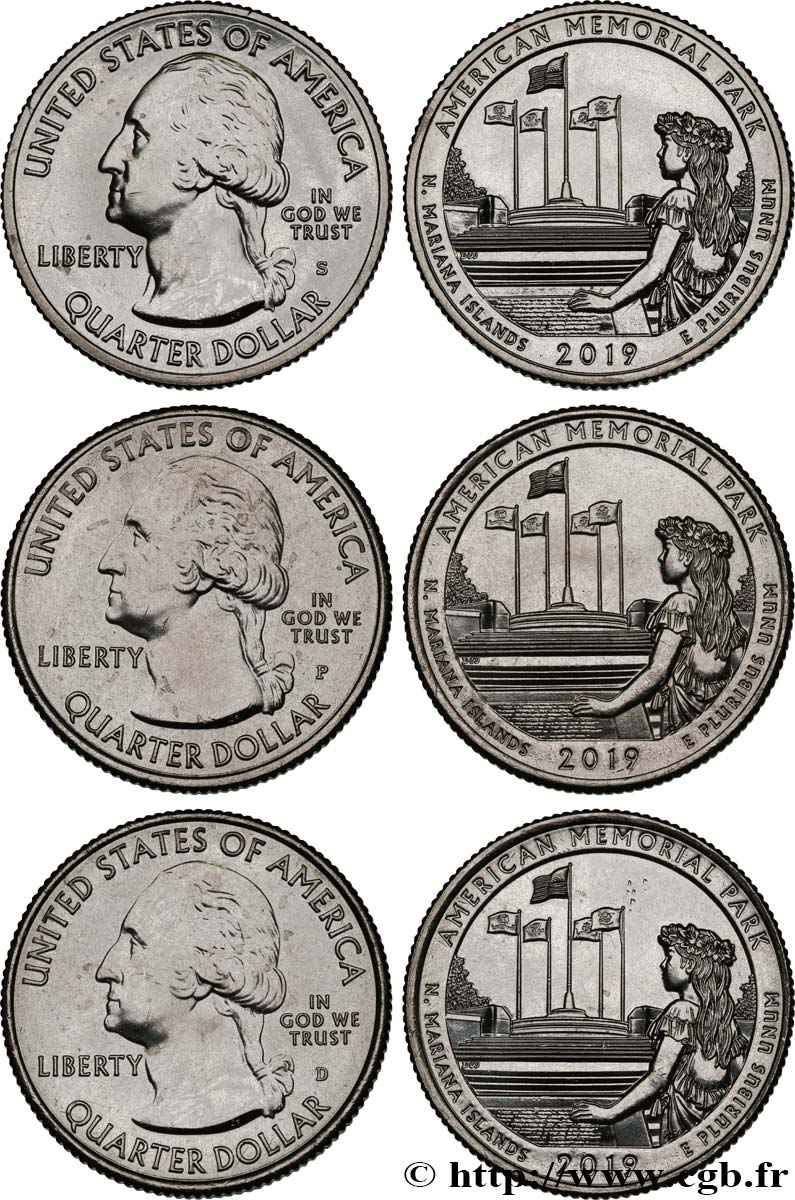 STATI UNITI D AMERICA Lot de trois monnaies 1/4 Dollar American Memorial Park Quarter - Îles Mariannes du Nord 2019 Philadelphie-Denver-San Francisco MS 