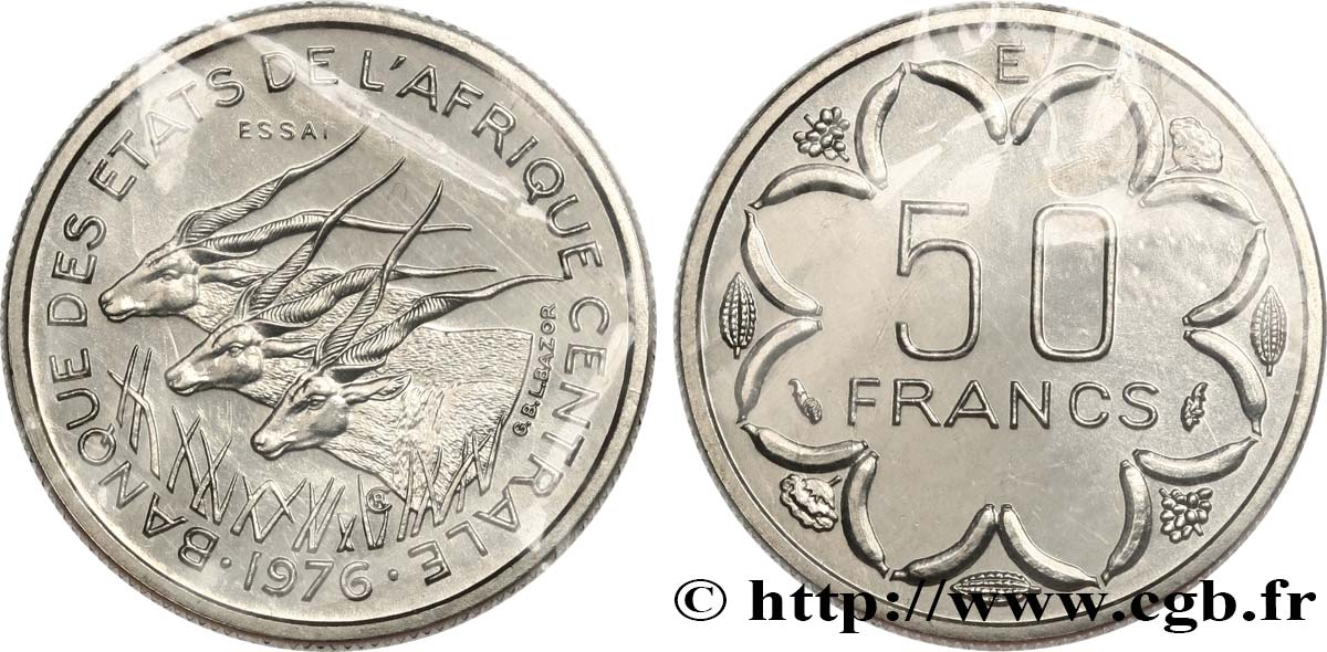 ESTADOS DE ÁFRICA CENTRAL
 Essai de 50 Francs antilopes lettre ‘E’ Cameroun 1976 Paris FDC 