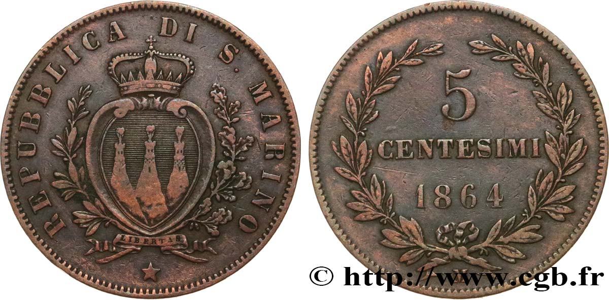 SAINT-MARIN 5 Centesimi écu aux trois tours 1864 Milan - M TTB 