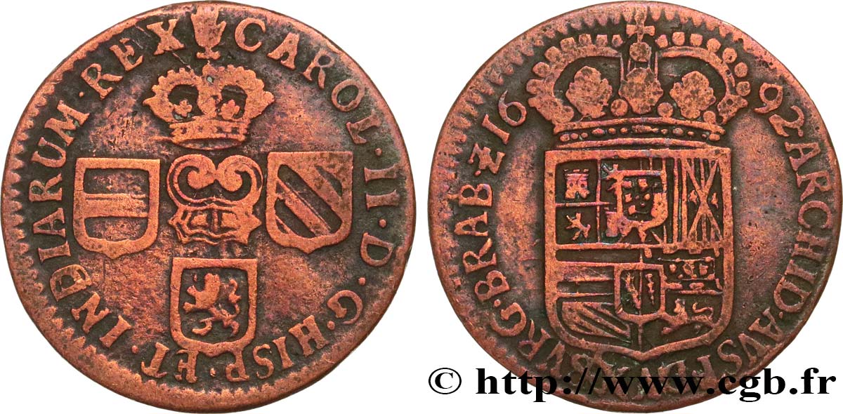 SPANISH NETHERLANDS - DUCHY OF BRABANT - CHARLES II OF SPAIN 1 Liard 1692 Anvers VF 