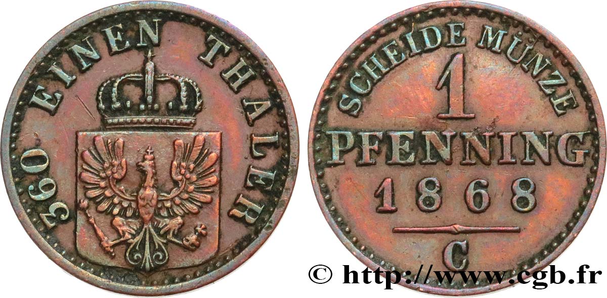 GERMANY - PRUSSIA 1 Pfenninge Royaume de Prusse 1868 Francfort - C XF 