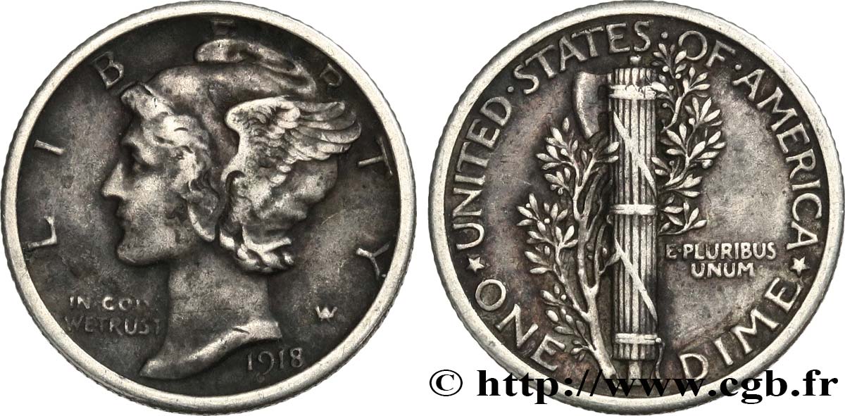 UNITED STATES OF AMERICA 1 Dime Mercury 1918 Philadelphie XF 