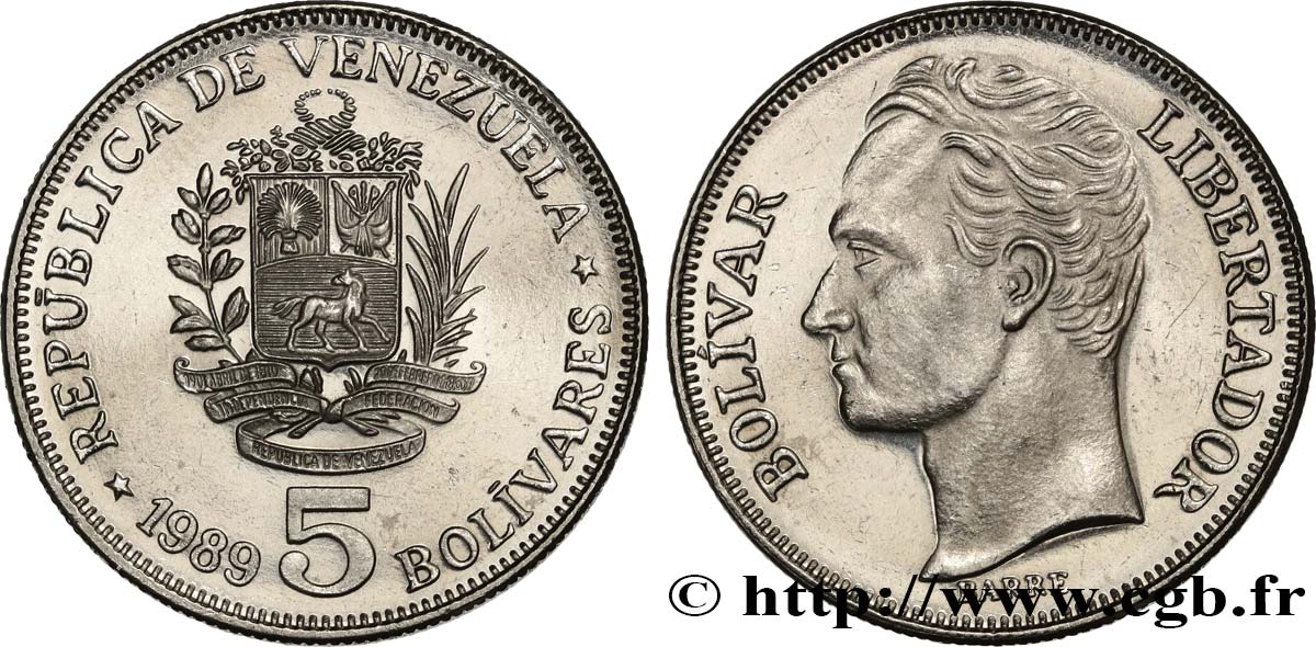 VENEZUELA 5 Bolivares Simon Bolivar 1989 schwerte MS 