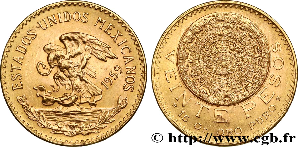 MÉXICO 20 Pesos “Pierre du Soleil” (calendrier aztèque) 1959 Mexico SC 