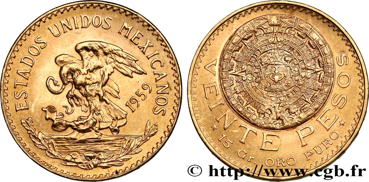 MEXIQUE 20 Pesos “Pierre du Soleil” (calendrier aztèque) 1959 Mexico FDC 