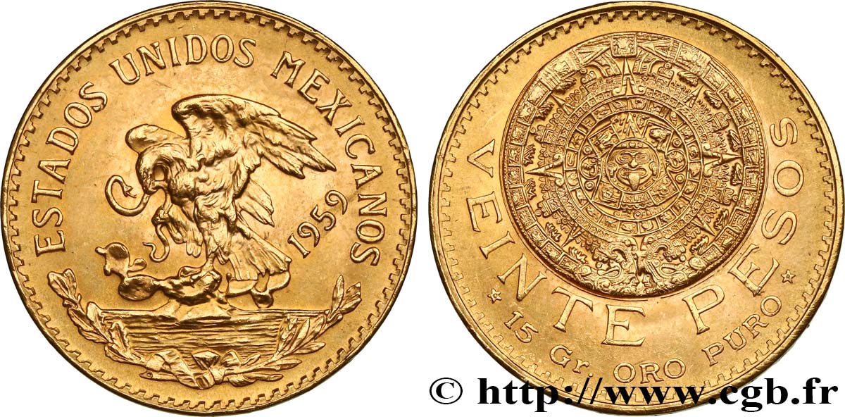 MEXIQUE 20 Pesos “Pierre du Soleil” (calendrier aztèque) 1959 Mexico SPL 