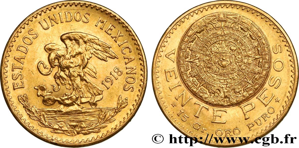MEXIKO 20 Pesos “Pierre du Soleil” (calendrier aztèque) 1918 Mexico fST 