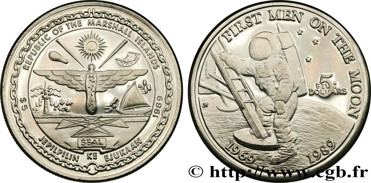 MARSHALL ISLANDS 5 Dollars 20e anniversaire du premier homme sur la Lune 1989  MS 