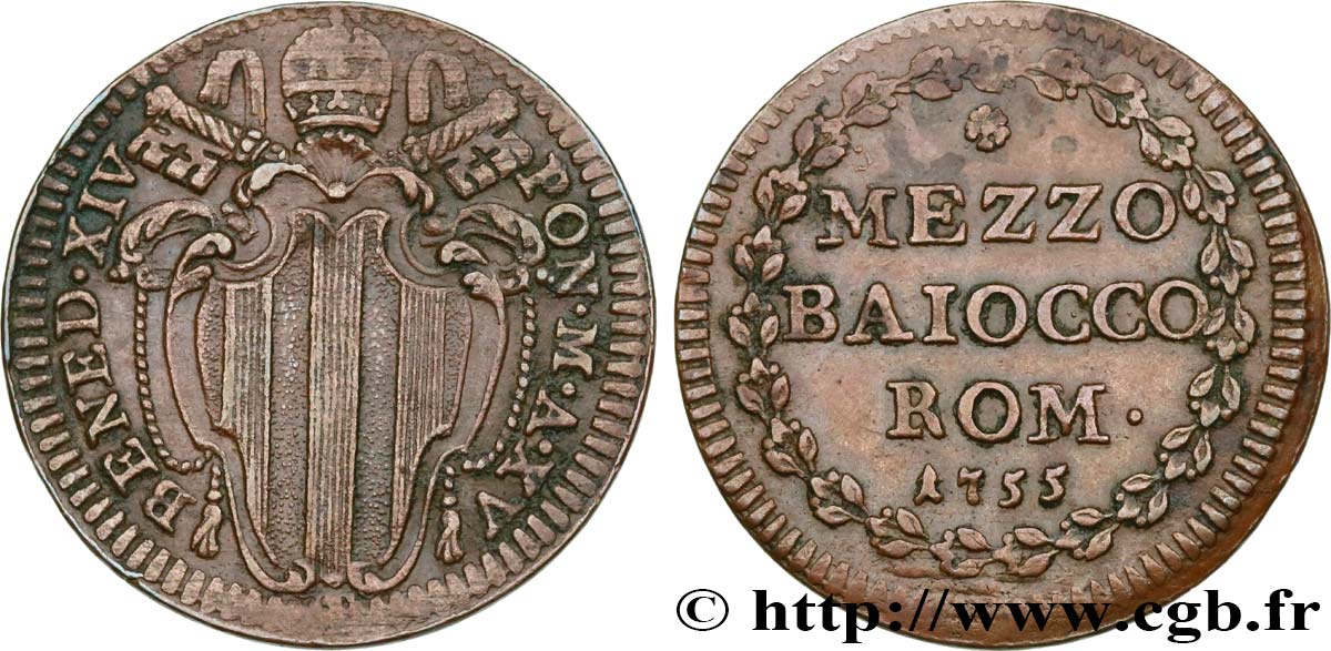 ITALIE - ÉTATS DU PAPE - BENOÎT XIV (Prospero Lambertini) Mezzo (Demi) Baiocco 1755 Rome TTB+ 