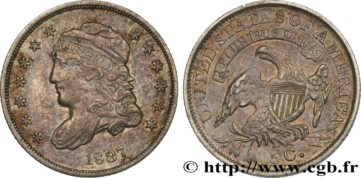 ÉTATS-UNIS D AMÉRIQUE 5 Cents “capped bust” 1837 Philadelphie TTB+ 