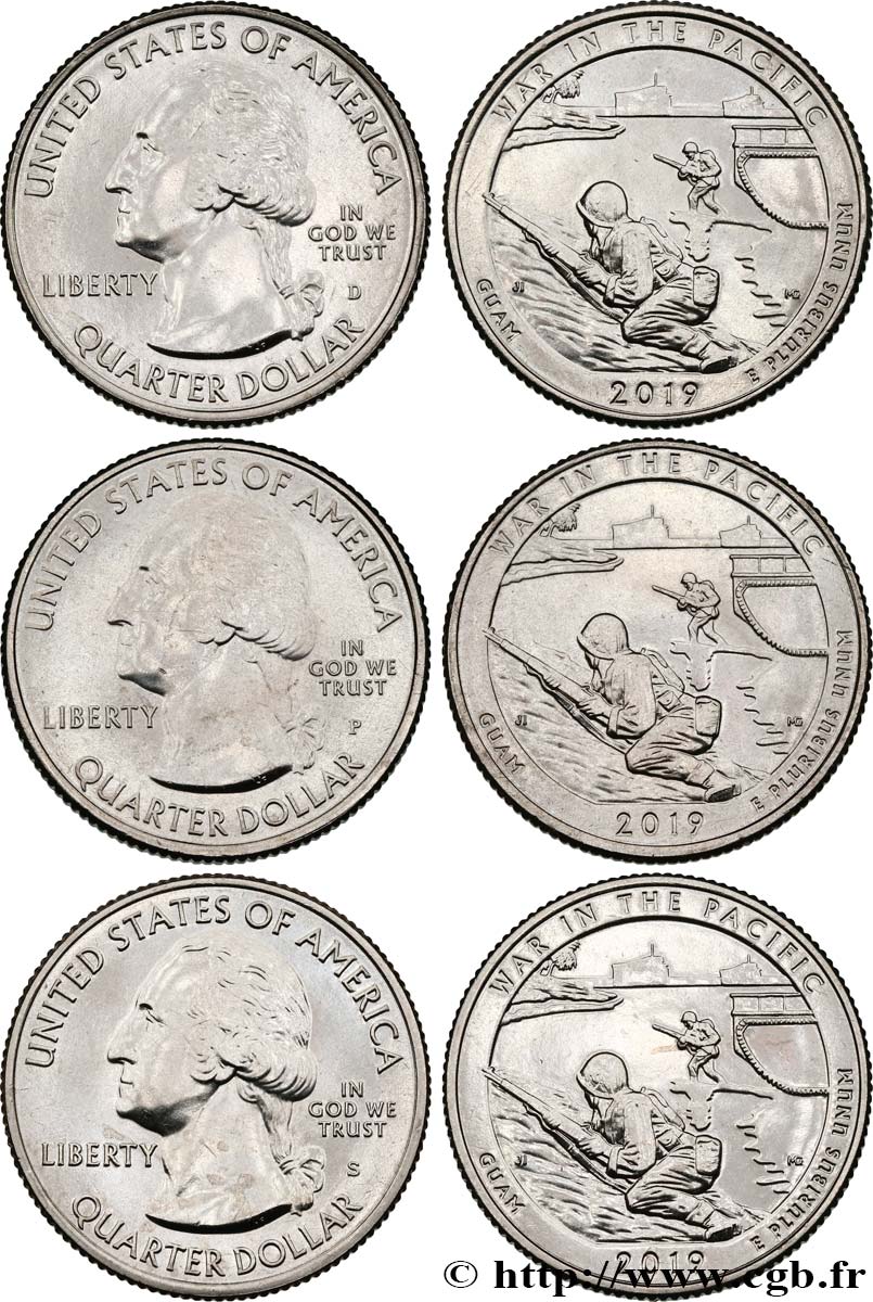 ÉTATS-UNIS D AMÉRIQUE Lot de trois monnaies 1/4 Dollar Pacific National Historical Park - Guam 2019 Philadelphie-Denver-San Francisco SPL 
