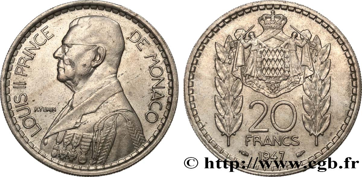 MONACO 20 Francs prince Louis II 1947 Paris MBC+ 