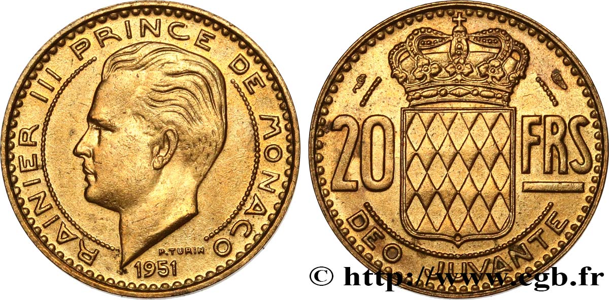 MONACO 20 Francs Rainier III 1951 Paris BB 