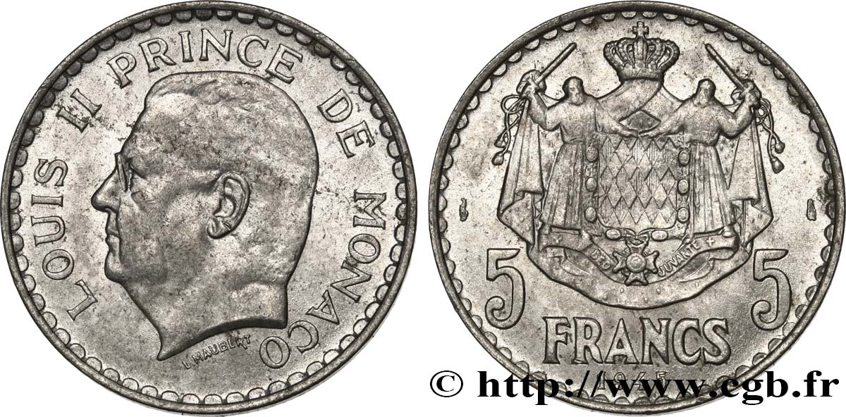 MONACO 5 Francs Louis II 1945 Paris EBC 