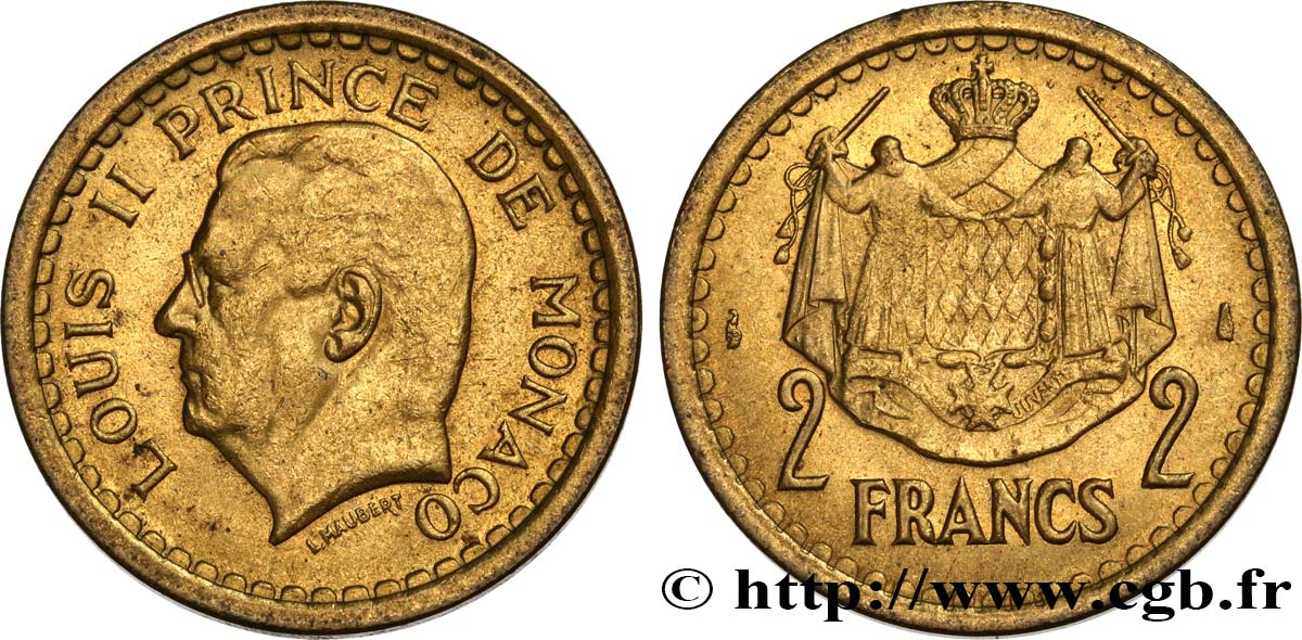 MONACO 2 Franc Louis II (1943) Paris XF 