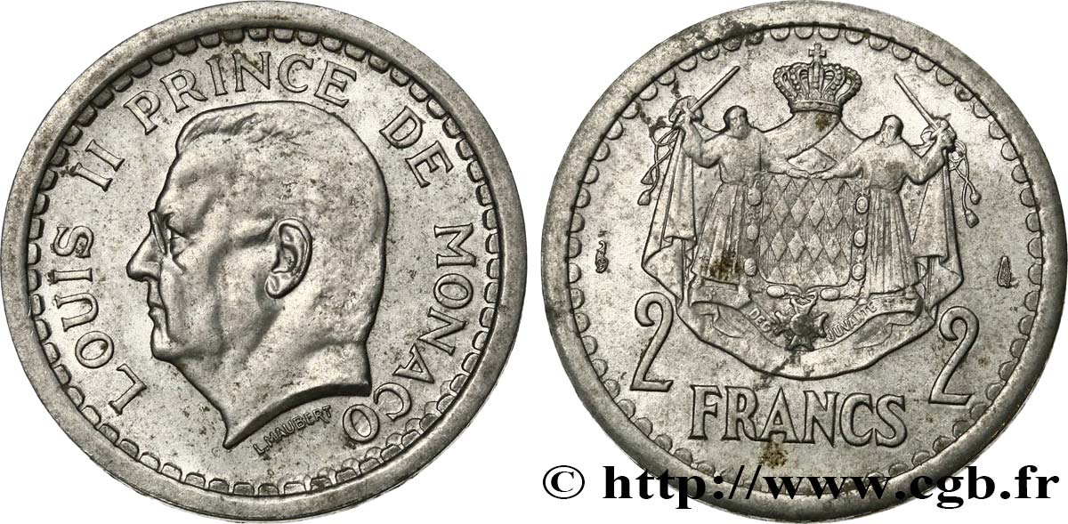 MONACO 2 Francs Louis II / armes (1943) Paris XF 