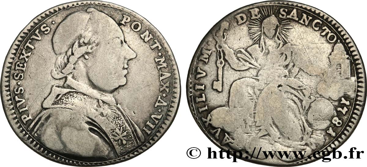 ITALIE - ÉTATS DU PAPE - PIE VI (Jean-Ange Braschi) Double Giulio (1/5 Scudo) 1781 Rome TB 