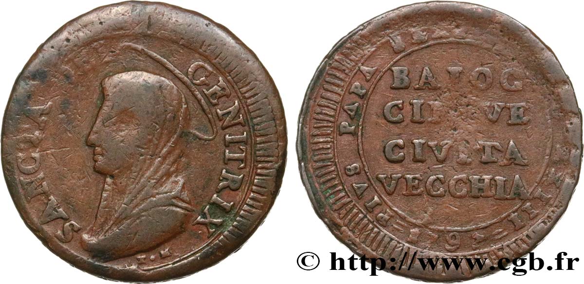 ITALY - PAPAL STATES - PIUS VI (Giovanni Angelo Braschi 5 Baiocchi (Madonnina) an XXIII 1797 Civitavecchia VF 