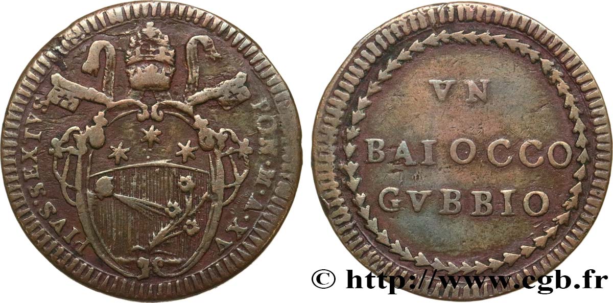 ITALY - PAPAL STATES - PIUS VI (Giovanni Angelo Braschi) 1 Baiocco an XV (1789) Gubbio VF 