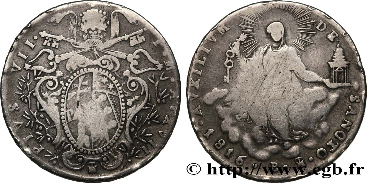 ITALY - PAPAL STATES - PIUS VII (Barnaba Chiaramonti) Double Giulio 1816 Rome VF 