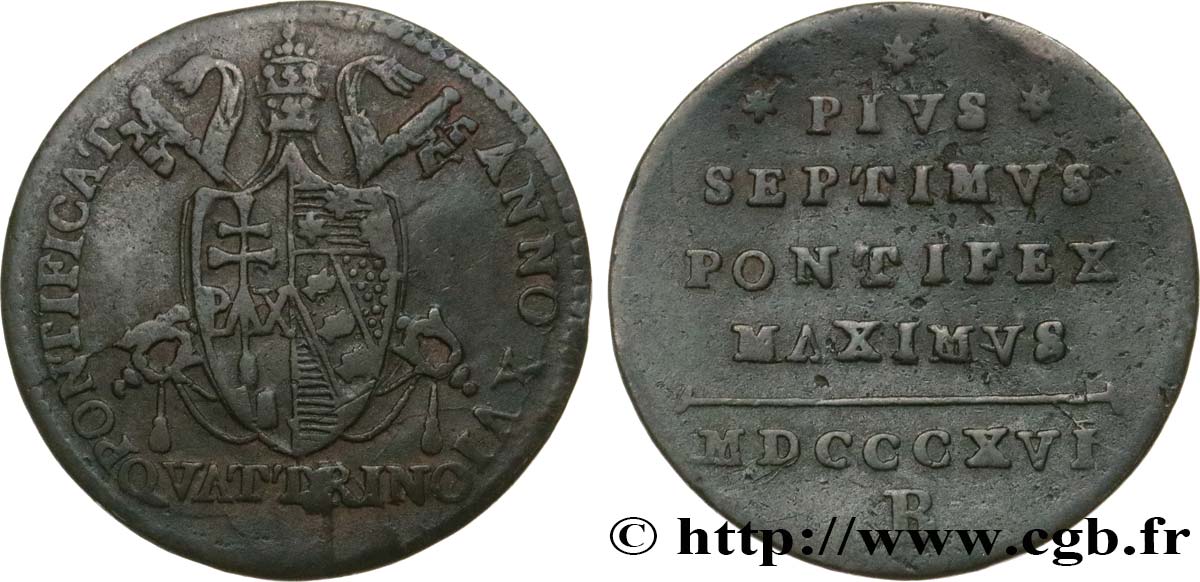 ITALY - PAPAL STATES - PIUS VII (Barnaba Chiaramonti) 1 Quattrino an XVI 1816 Bologne VF 