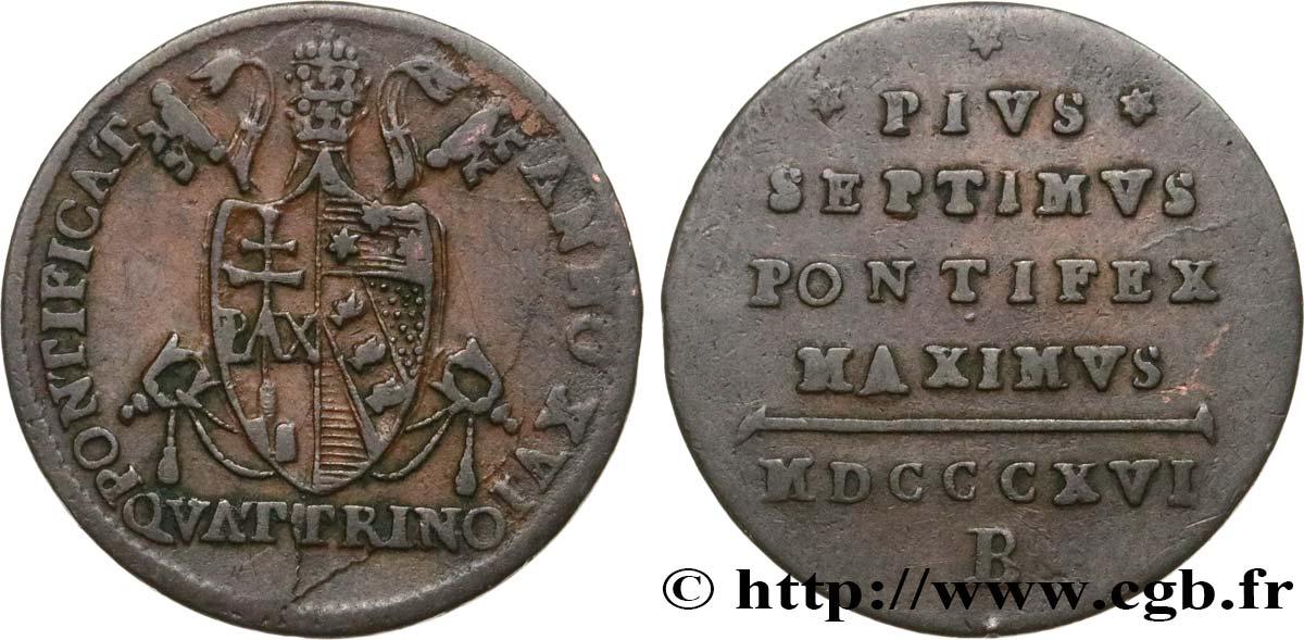 ITALY - PAPAL STATES - PIUS VII (Barnaba Chiaramonti) 1 Quattrino an XVI 1816 Bologne VF/XF 