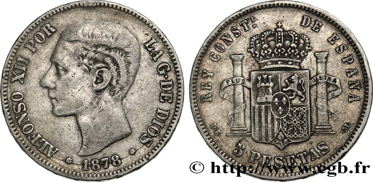 SPAIN 5 Pesetas Alphonse XII 1878 Madrid VF 