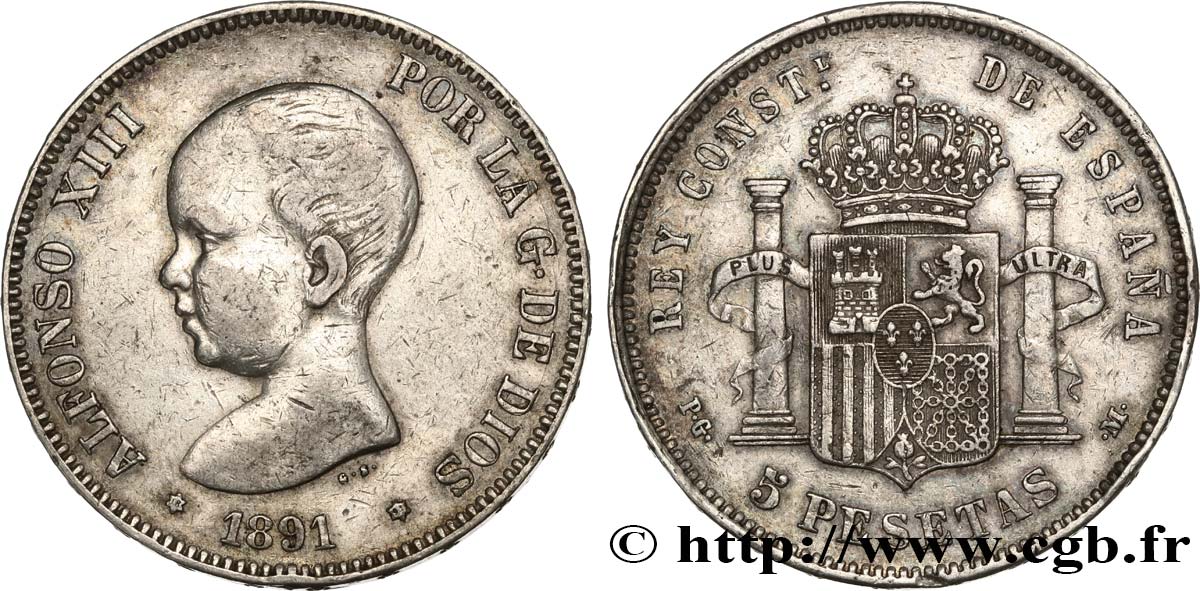 SPANIEN 5 Pesetas Alphonse XIII 1er type 1891 Madrid fSS/fVZ 